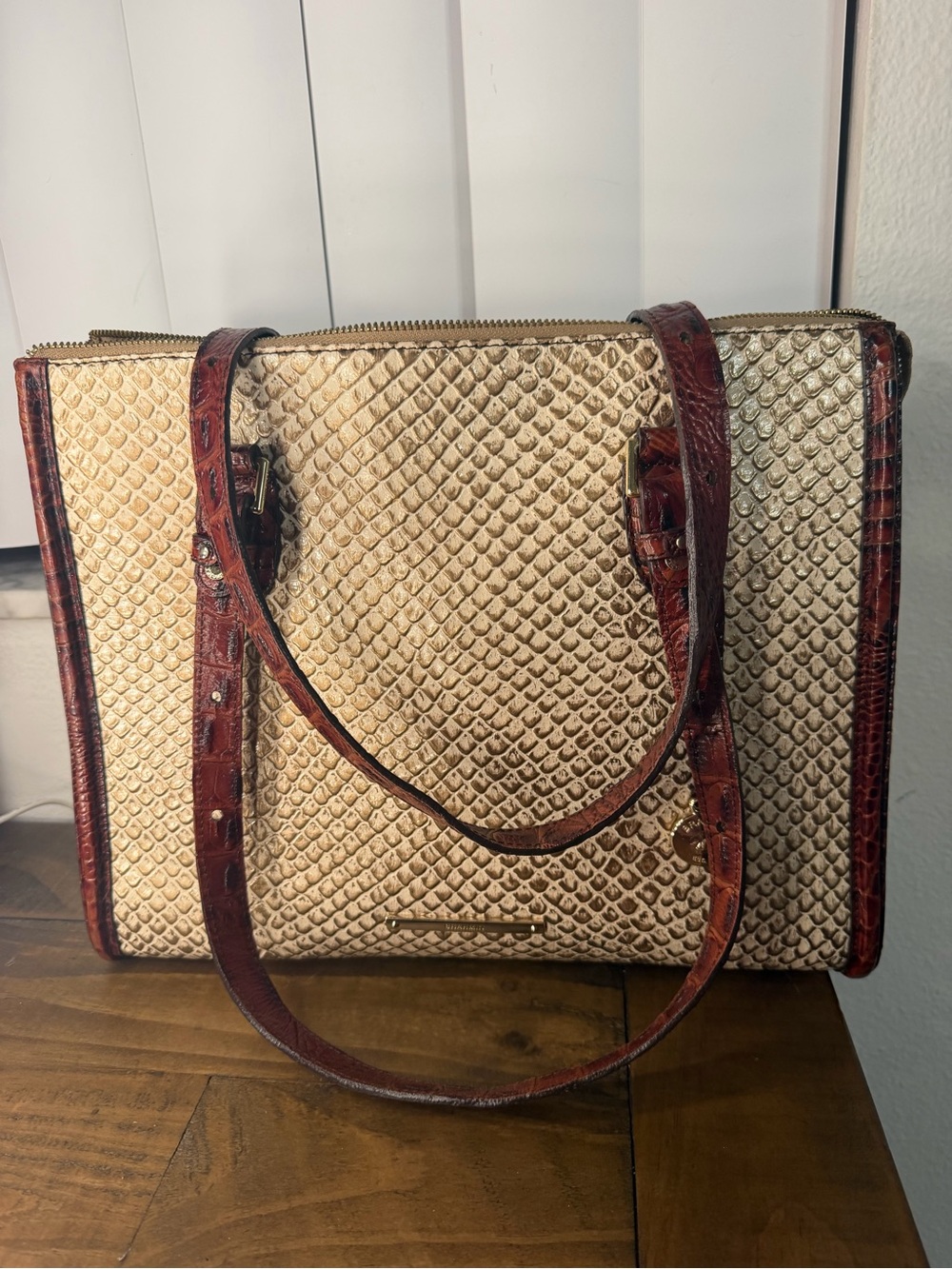 Brahmin Beige Brown Embossed Animal Print Tote Zip Top Lined Charm Studs